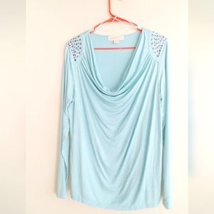 Michael Kiss scoop neck aqua long sleeve blouse with studs on both sleeve's